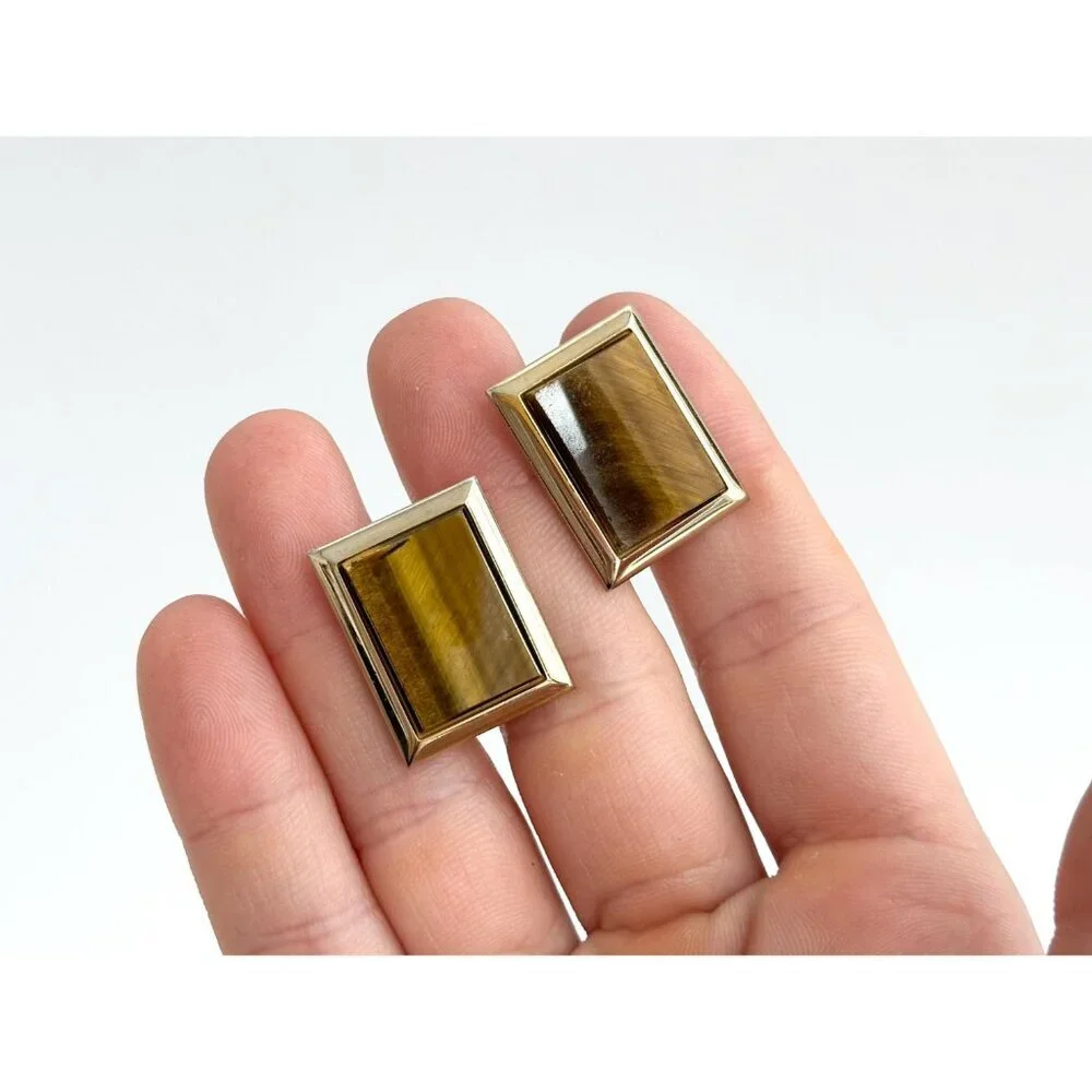 Faux Tiger's Eye Gold Toned Rectangular Vintage 80's Style Cuff Links